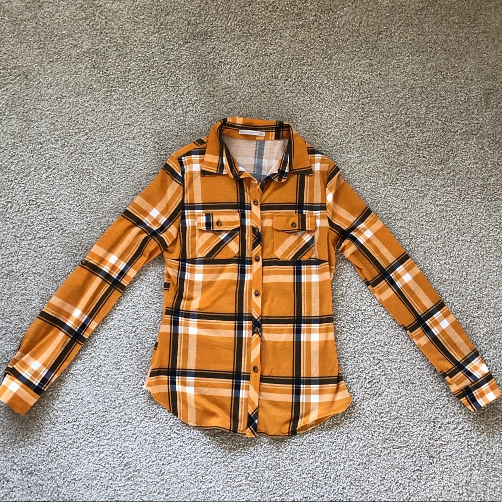 Active USA Mustard Yellow Navy White Plaid Button Down Shirt S Fall Layering